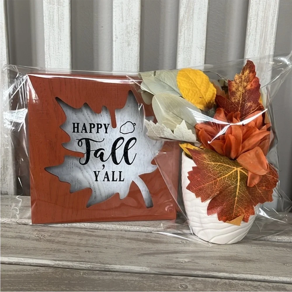 Fall Leaf 'Happy Fall Y’all ' Wooden Decor Sign & Floral 🍃🆕🍃